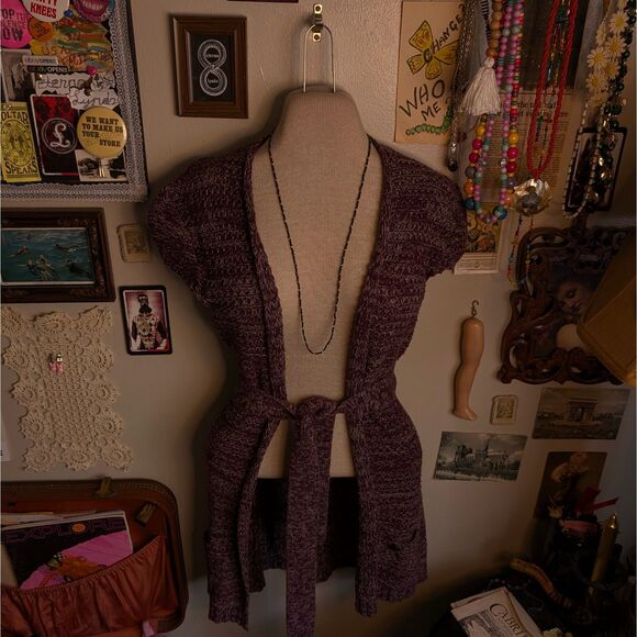 Y2K Mudd Cardigan Women's XS/Small Purple Knit Puff Sleeve Tied Belted - Picture 1 of 6